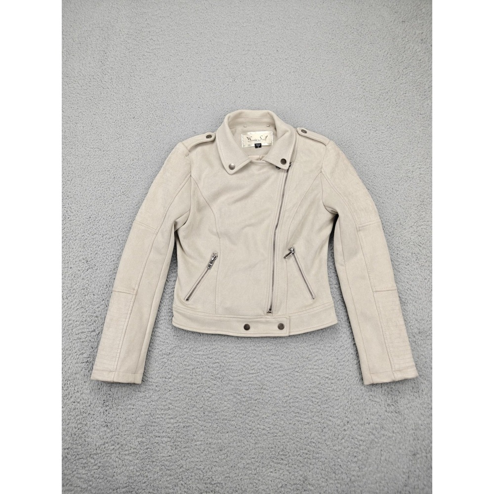 Santa Sofia‎ Jacket Womens Small Beige Faux Suede Moto Asymmetrical Zip Lined